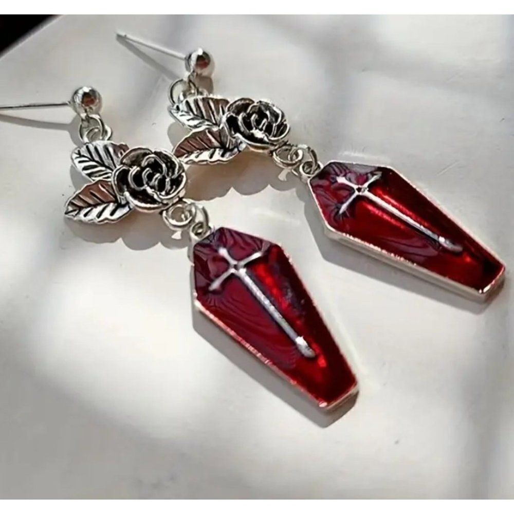 New! Cool Floral Red Coffin Dangle Earrings Jewelry Gothic